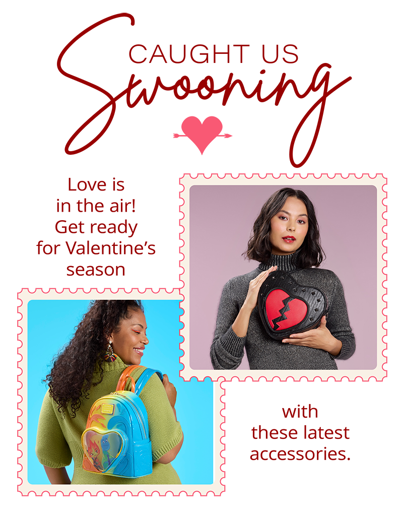 Maroon colored text with postcard stamp borders around Loungefly Pixar Elemental and Valentine's Day collections