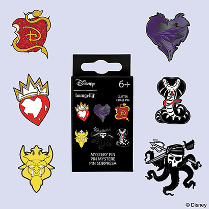 Light Purple background featuring Loungefly Disney Descendants Mystery Pins