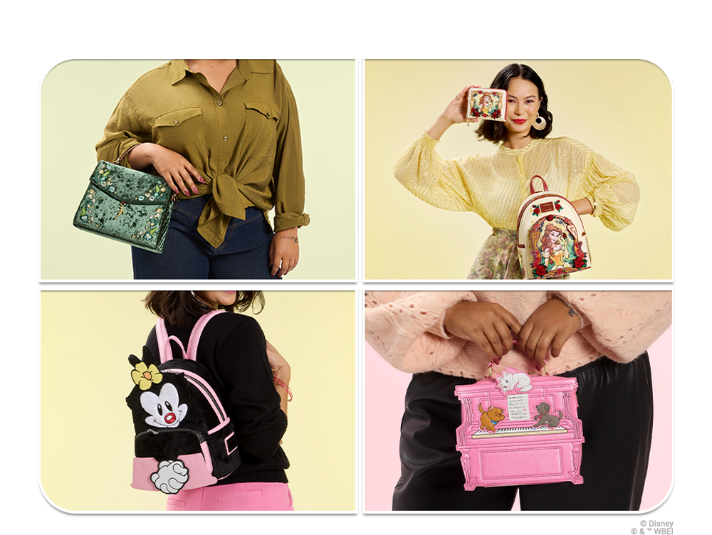 Collage of Loungefly Exclusives will styles inspired by Peter Pan, Animaniacs, Beauty and the Beast and more
