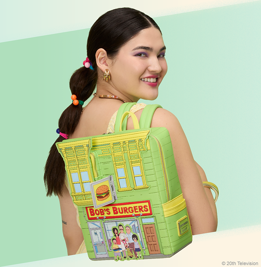 Green Yellow pastel background with model showcasing Loungefly Bob's Burgers mini backpack