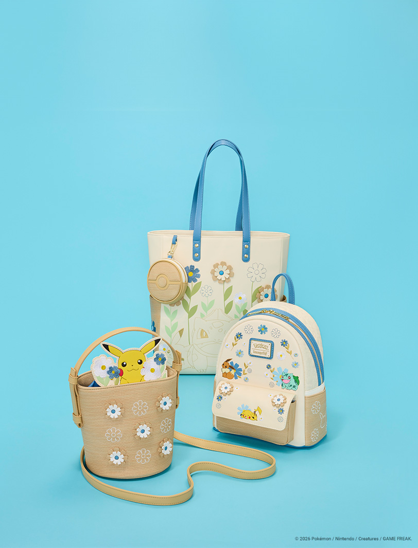 Blue product background featuring Loungefly Pokemon collection