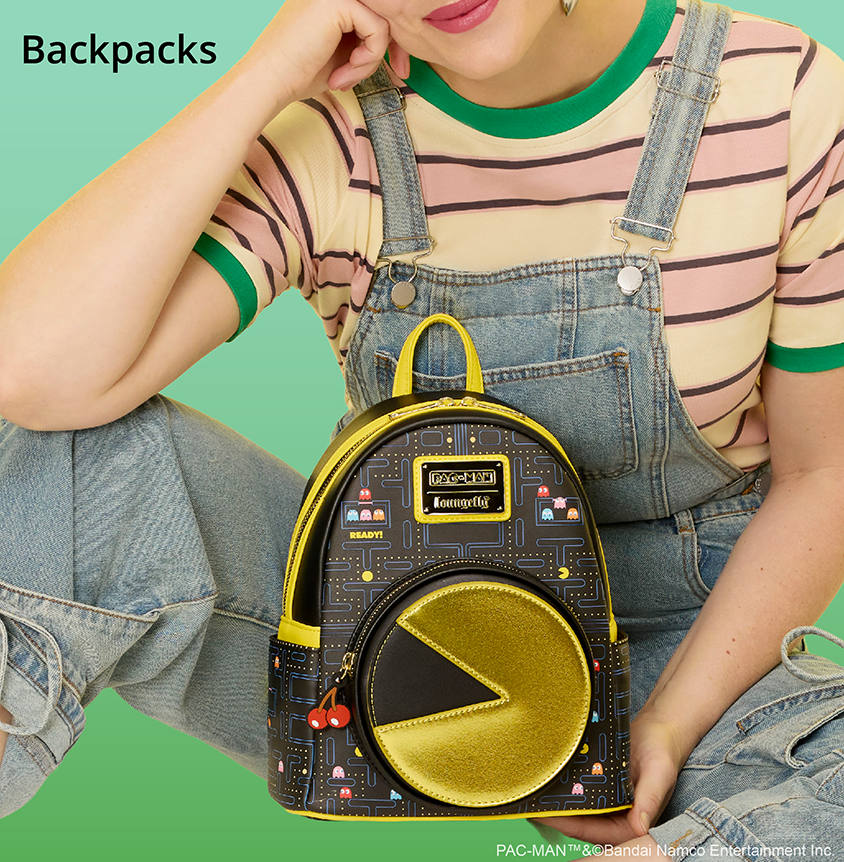 Green background with model and Loungefly Pac-Man mini backpack