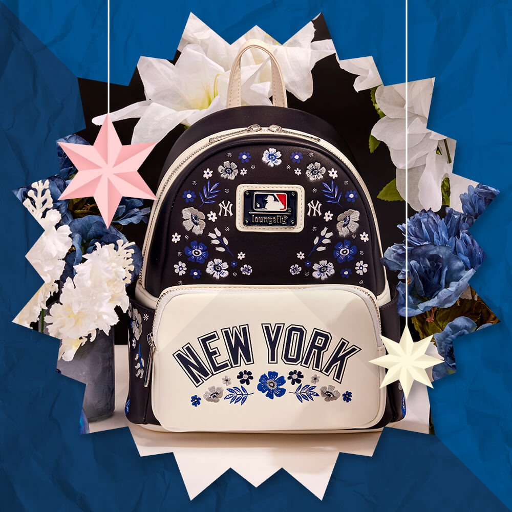 Dark Blue crumpled paper texture background with holiday stars and large burst featuring Loungefly Sports collection