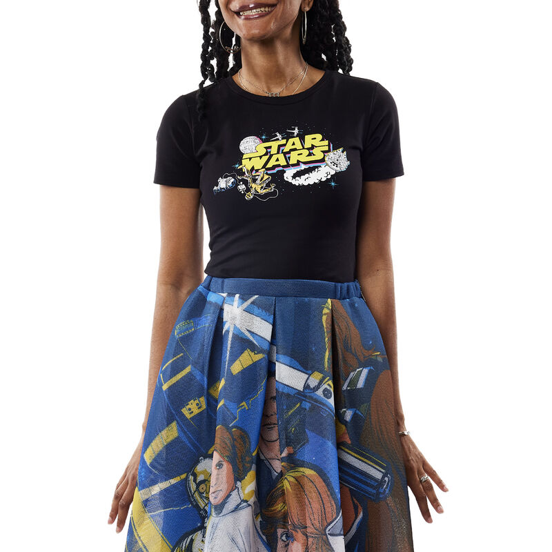 woman wearing the Star Wars Ariana Top featuring the Star Wars logo in a retro style