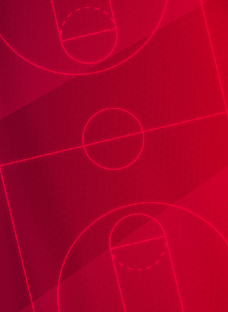 Deep Red background featuring White outline of basketball court
