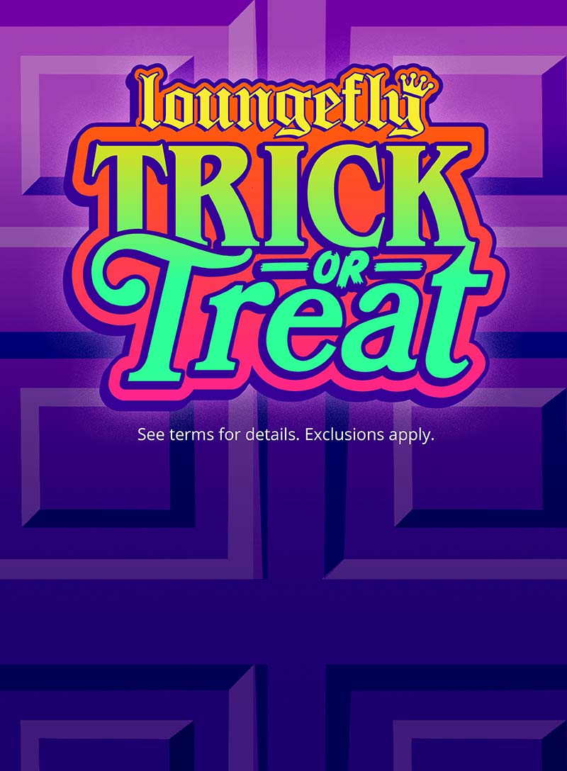 Purple gradient door background with Loungefly October Trick or Treat promo logo lock up