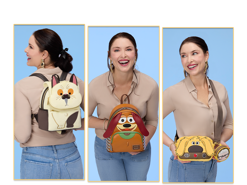 Collage with Yellow borders featuring model showcasing Loungefly Pixar Pets collection