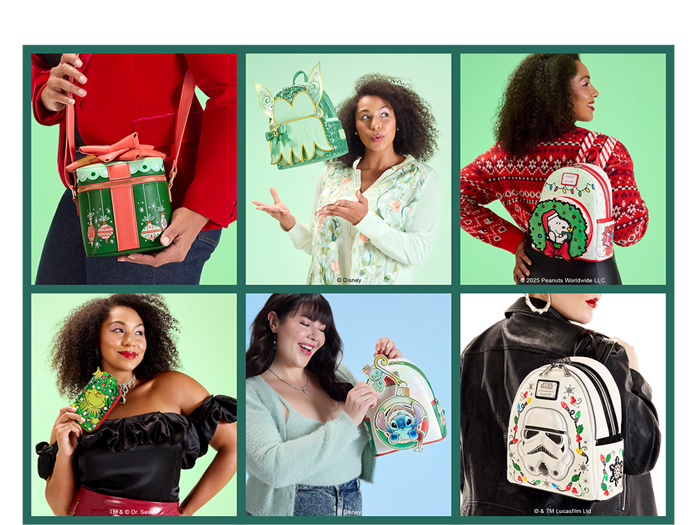 Green collage featuring Loungefly Holiday Style accessories with styles inspired by Tinker Bell, Peanuts, The Grinch, and more!