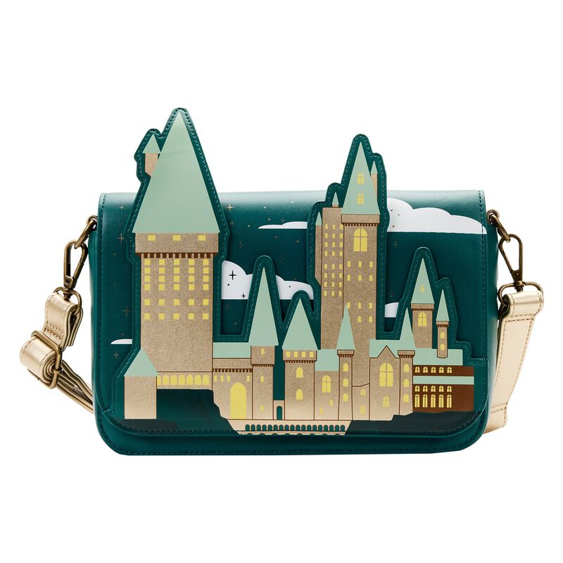 Dark teal crossbody bag with golden Hogwarts on the front and golden crossbody strap.