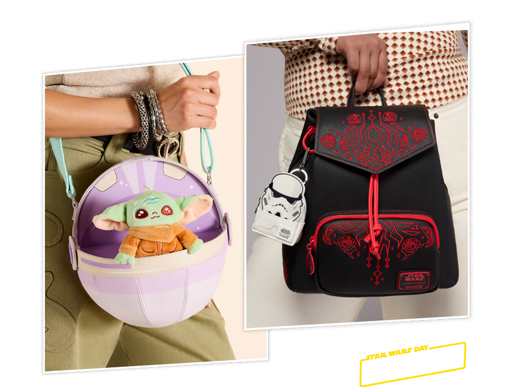 Collage of models showcasing Loungefly Star Wars collection with Star Wars May the Fourth logo