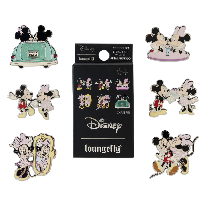 Image of the Mickey and Minnie Date Night Mystery Box Pins surrounding the package they come in 