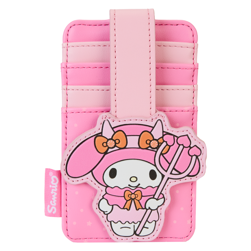 Two-tone pink Loungefly Sanrio My Melody card holder, featuring My Melody holding a pitchfork in front of 4 card slots. The card holder sits against a white background.