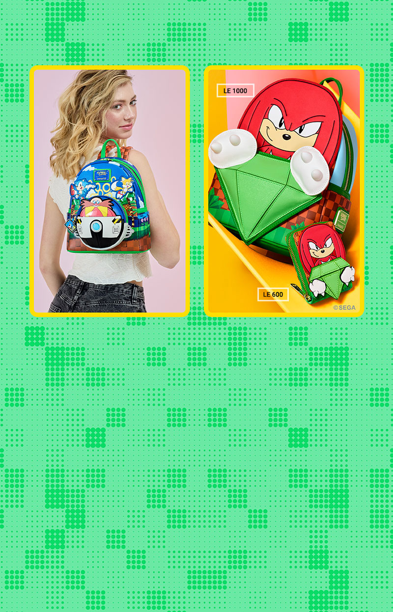 Green pixel background with Loungefly May Sonic the Hedgehog collection