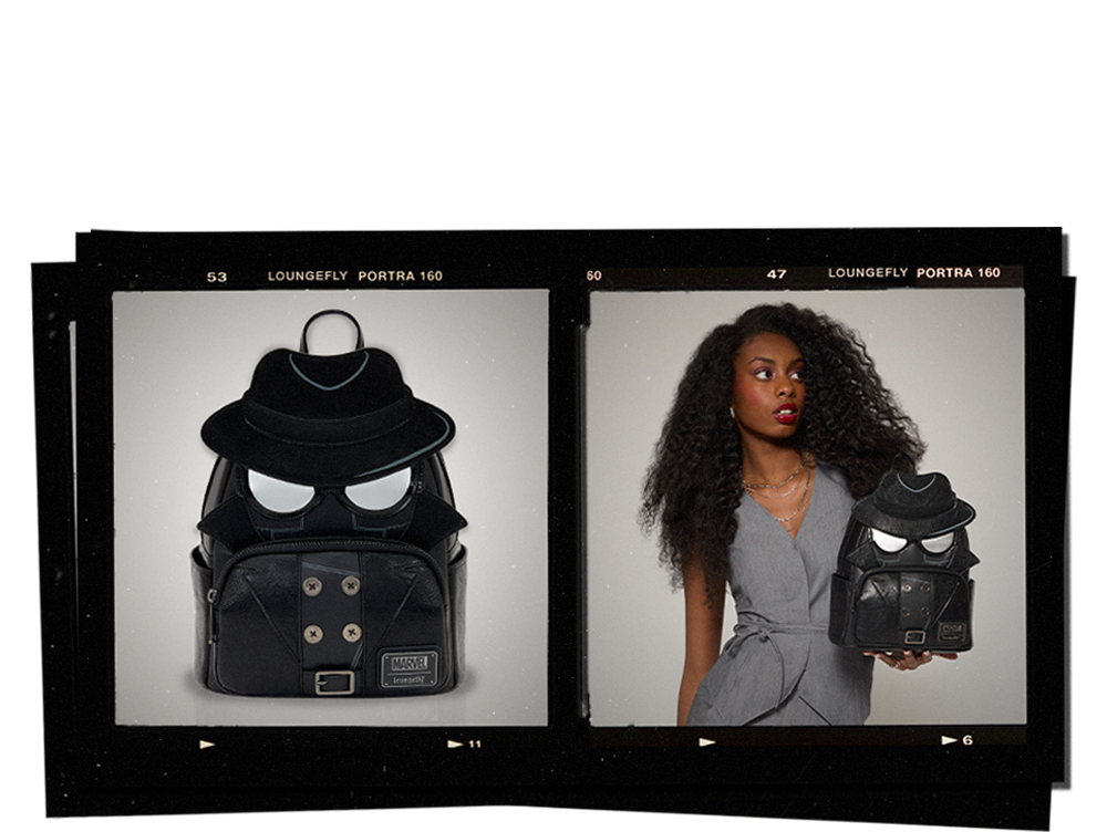 Film collage featuring Loungefly Marvel Spider-Man Noir Cosplay Mini Backpack
