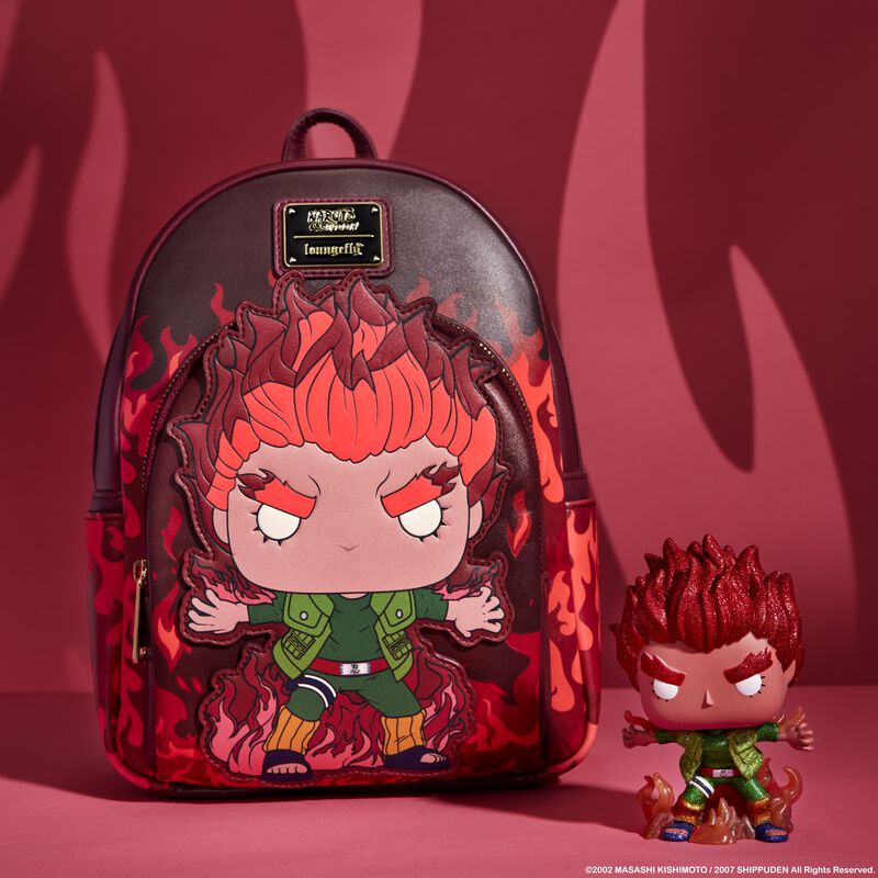 Loungefly Naruto Shippuden Might Guy Pop! & Bag Bundle featuring Might Guy in Pop! style art on a maroon bag surrounded by flames and a Might Guy Funko Pop! sitting together against a red background with the outline of flames behind them. 