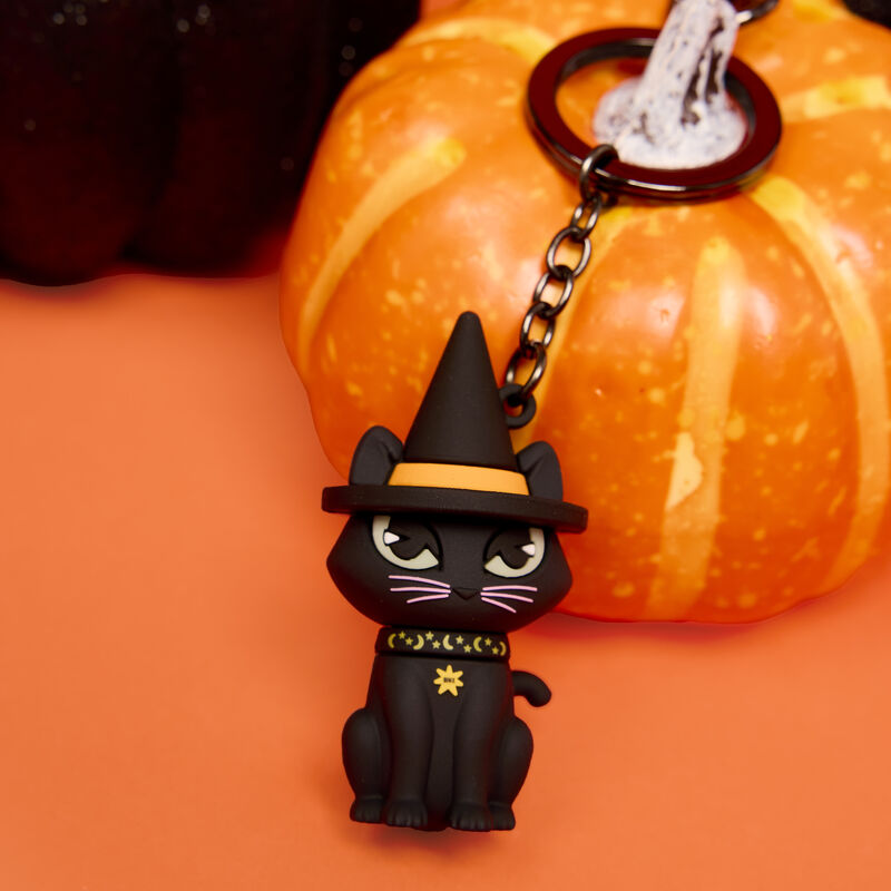 Black silicone keychain shaped like Binx the cat from Hocus Pocus. it leans against an orange pumpkin and orange background.