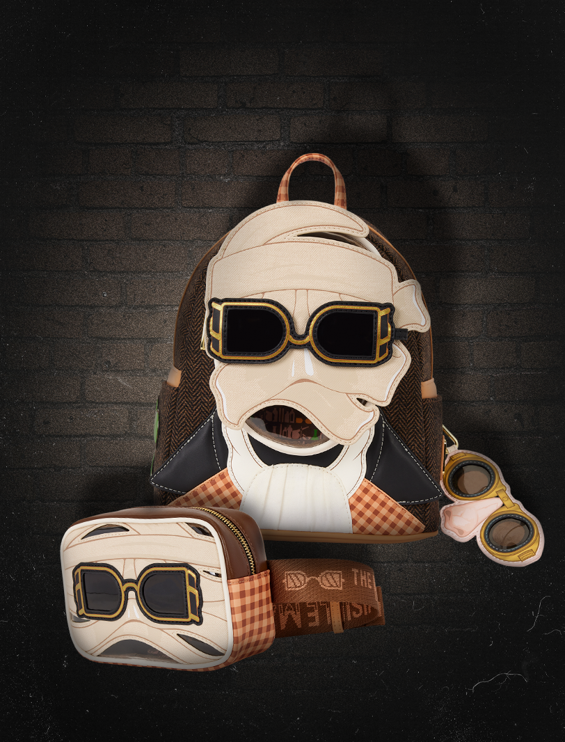 Dark background with brick wall texture featuring Loungefly Universal Monsters Invisible Man collection