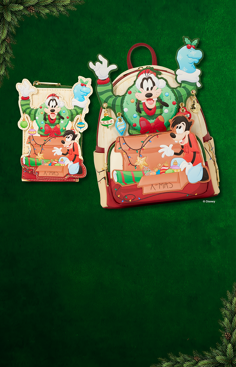 Dark Green grainy background with holiday garland featuring Loungefly Disney Goody & Max Holiday Exclusives