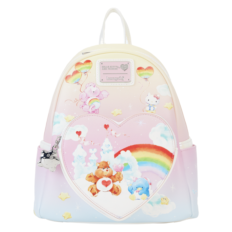 Image of our Sanrio x Care Bears collab mini backpack featuring pastel background with clouds and rainbows and Sanrio and Care Bears characters hanging out together