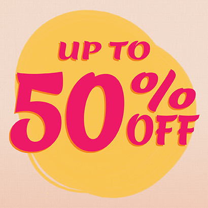 Tan background with Yellow circle and Pink text messaging "Up to 50% Off" styles. Click to shop now!