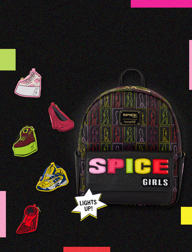 Black background with colorful squares and Loungefly Spice Girls collection