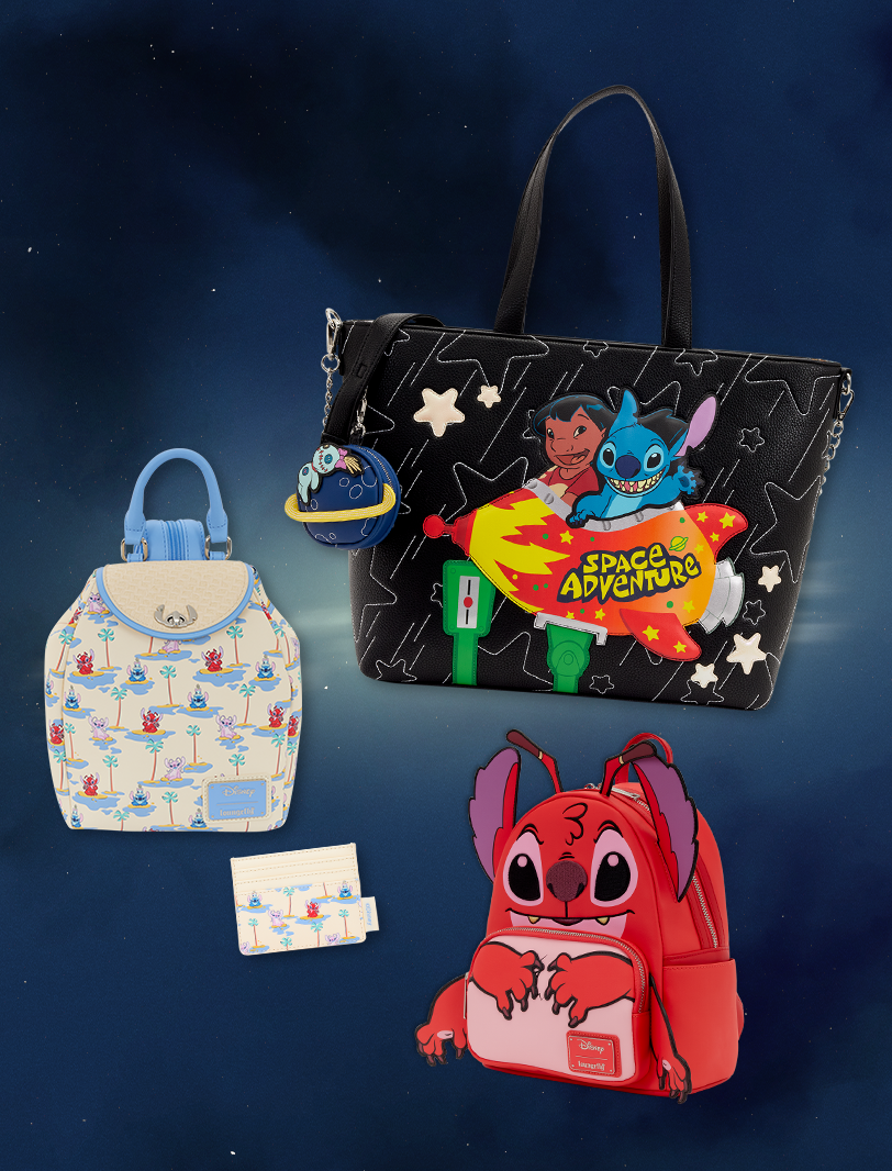 Cloudy Dark Blue background featuring Loungefly Disney Lilo & Stitch collection