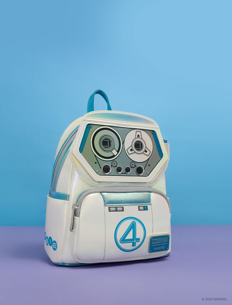 Blue background with Purple surface featuring Marvel Fantastic Four H.E.R.B.I.E. Cosplay Mini Backpack