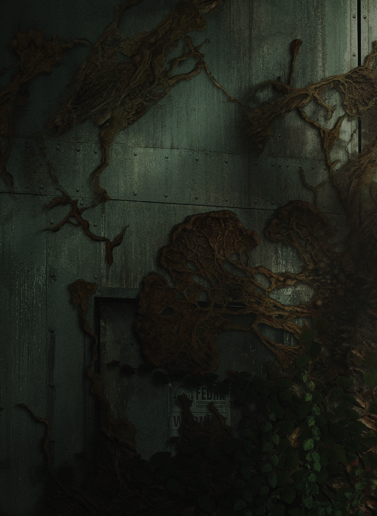 Dark The Last of Us background with metal walls and virus vines and slight Blue overlay