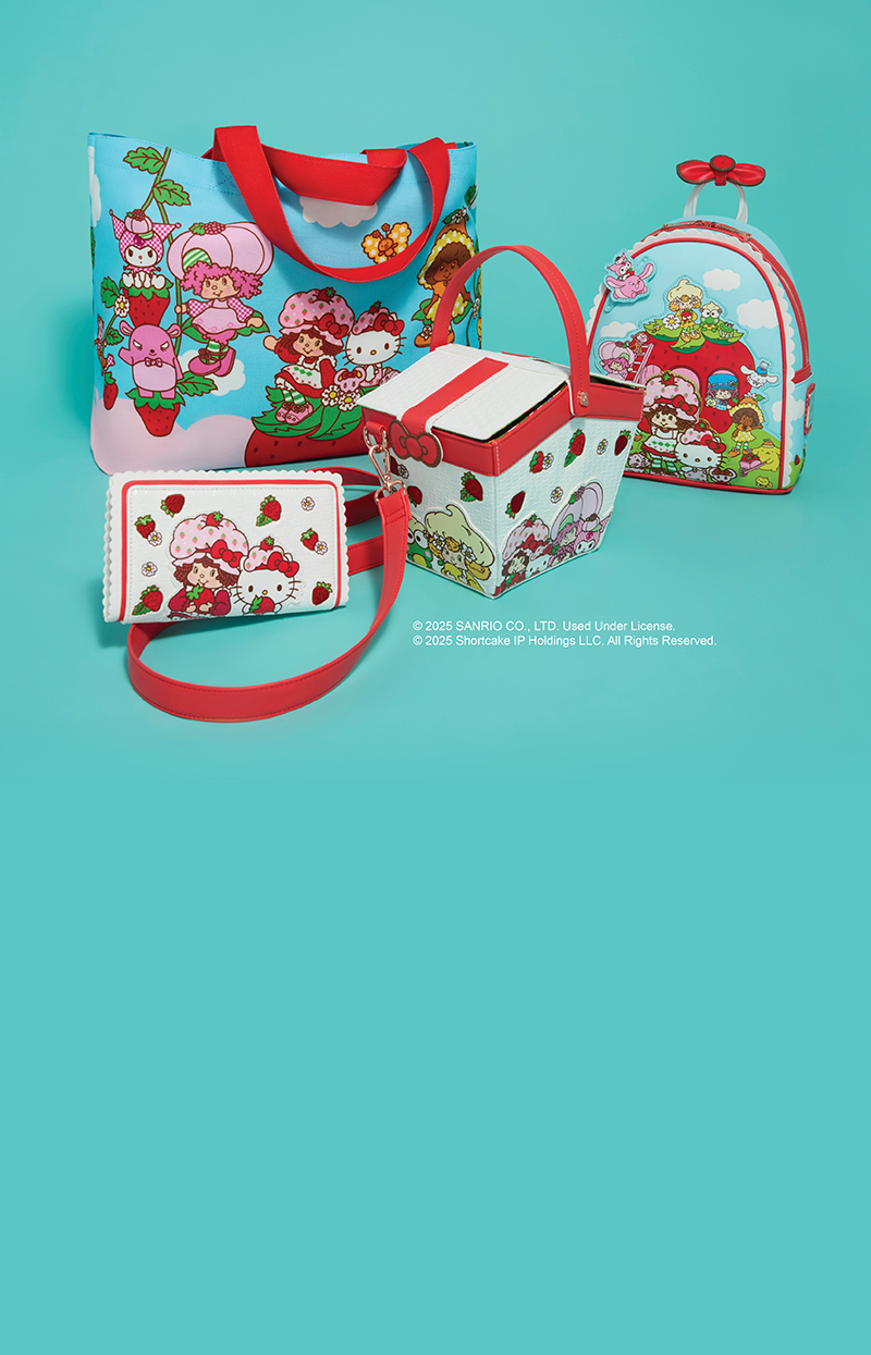 Teal background featuring Loungefly Strawberry Shortcake x Sanrio collection