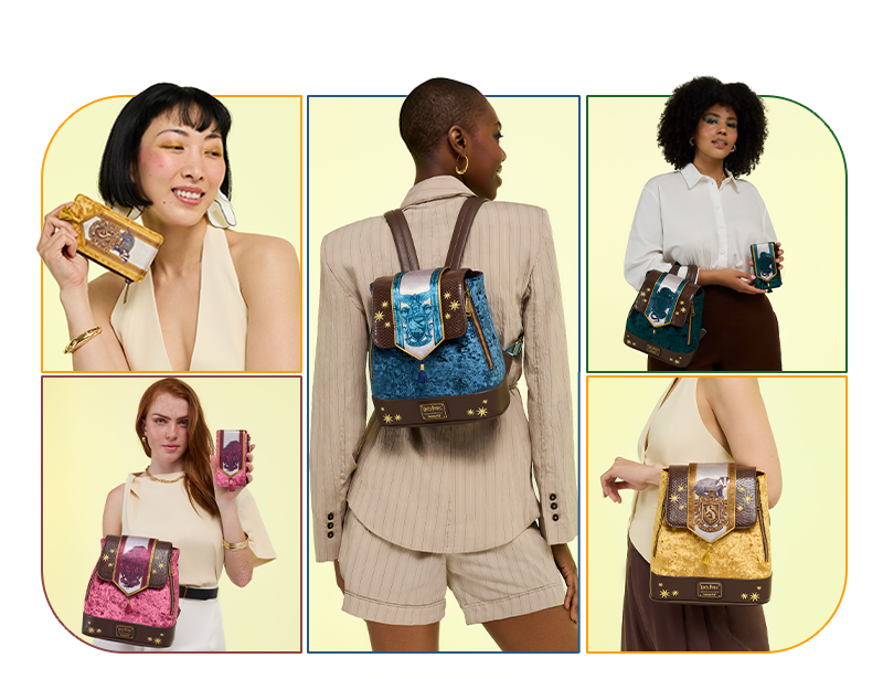 Collage of models showcasing Loungefly Warner Brothers Harry Potter Banner exclusive collection with styles representing each Hogwarts house