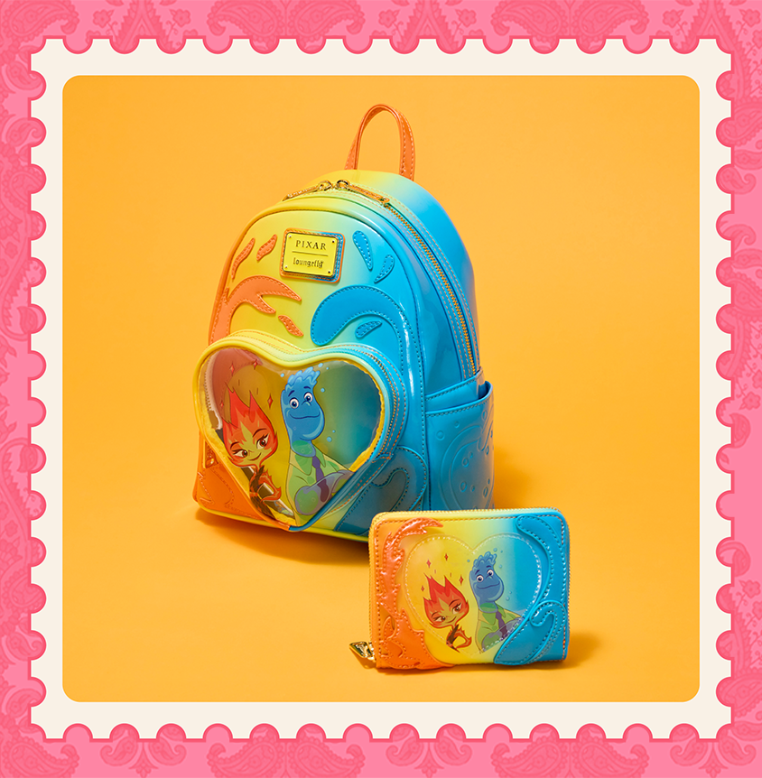 Yellow product background featuring Loungefly Pixar Elemental collection with post stamp border