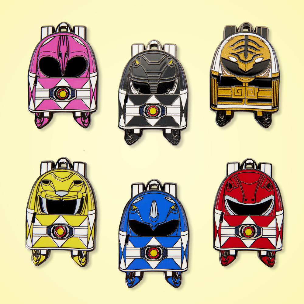Yellow background featuring Loungefly Power Rangers mystery enamel pins