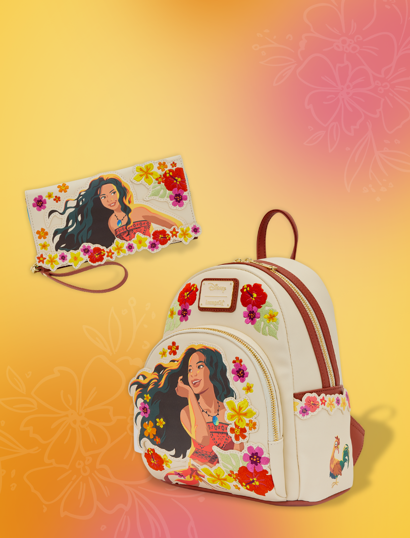 Pink Yellow gradient background featuring Loungefly Disney Moana (Live Action) collection