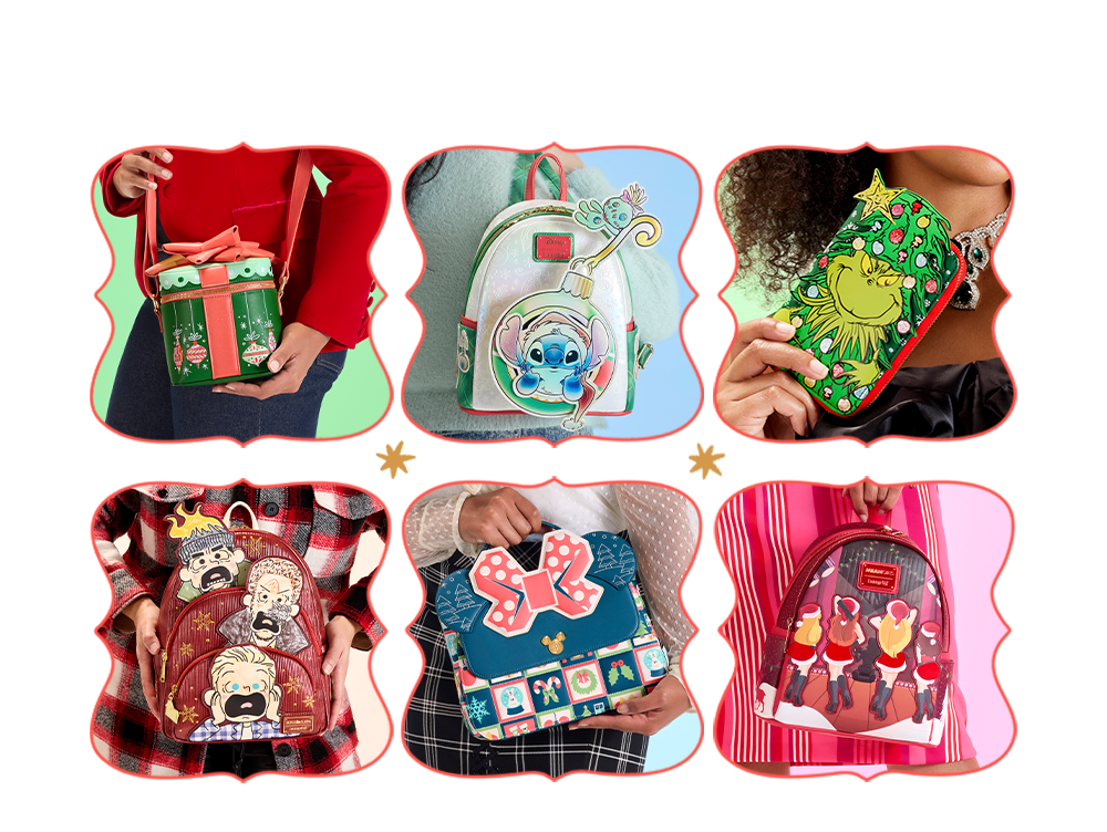 Collage with Orange borders and holiday starts showcasing Loungefly Holiday collection