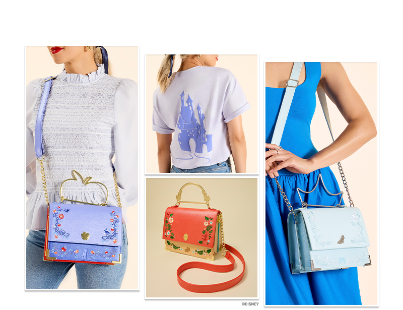 Collage of Loungefly Disney Princess Crossbody Bags and T-Shirt collection featuring styles inspired by Snow White, Moana, and Cinderella