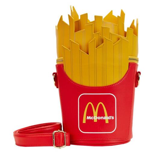 crossbody bag shaped like a container of McDonald's French fries with appliqué French fries sticking out from the top