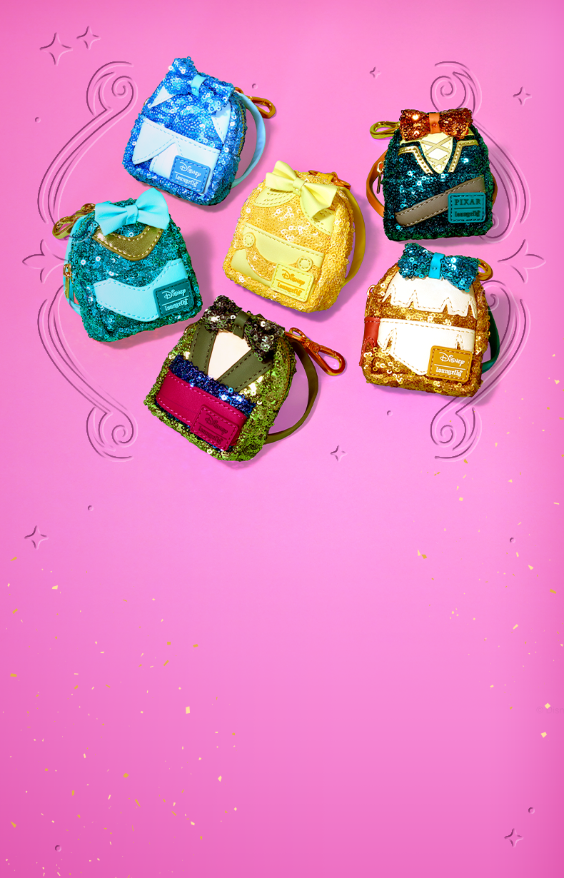 Pink background featuring Loungefly Disney Princess Series Mini Bag Charms