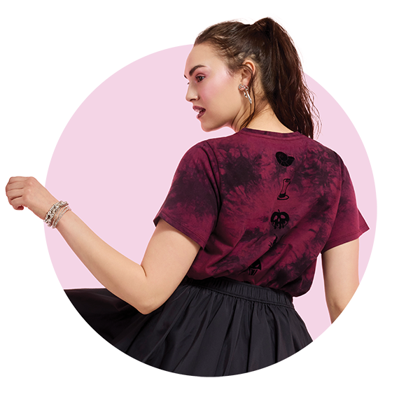 Circle-cropped photo with Pink background and model showcasing Loungefly Disney Villains apparel