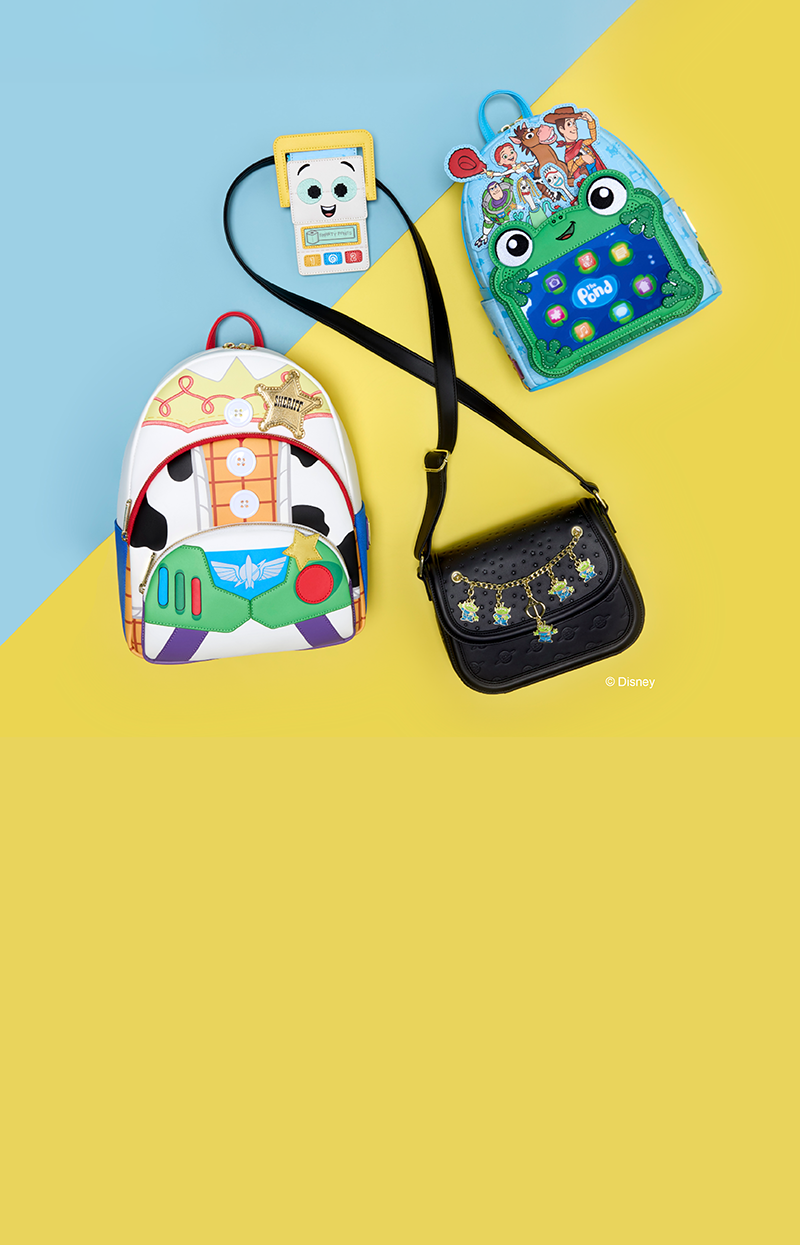 Blue and yellow product background featuring Loungefly Disney Pixar Toy Story 5 collection