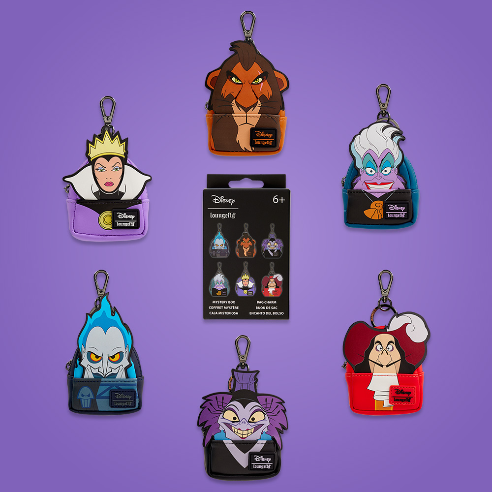 Purple radial background featuring Loungefly Disney Villains Mystery Mini Backpack Keychains