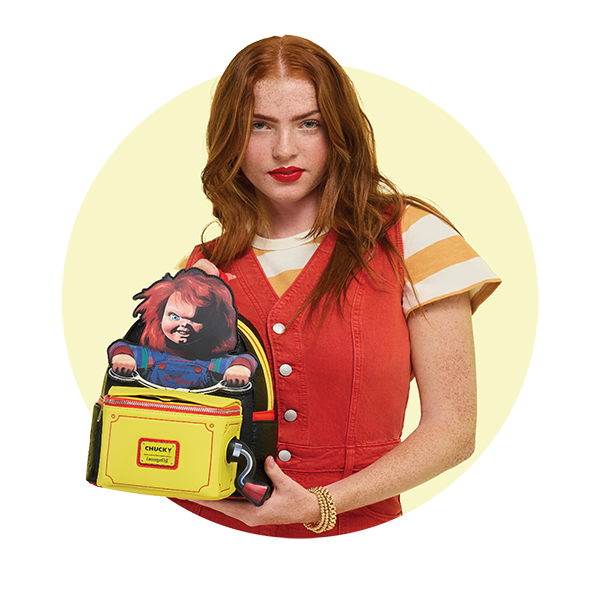 Circle-cropped photo with Yellow background and model showcasing Loungefly Chucky Mini Backpack