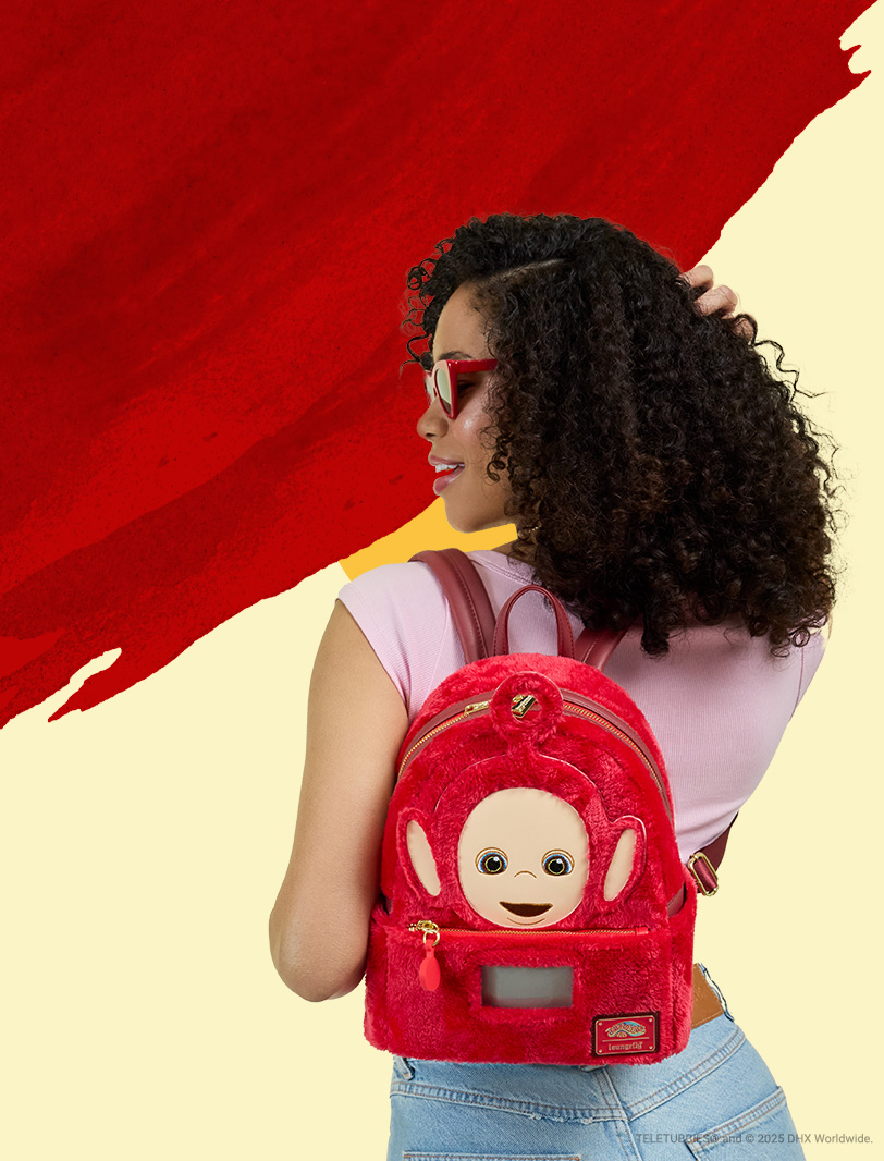 Dark Red textured background with model showcasing Loungefly May Teletubbies collection