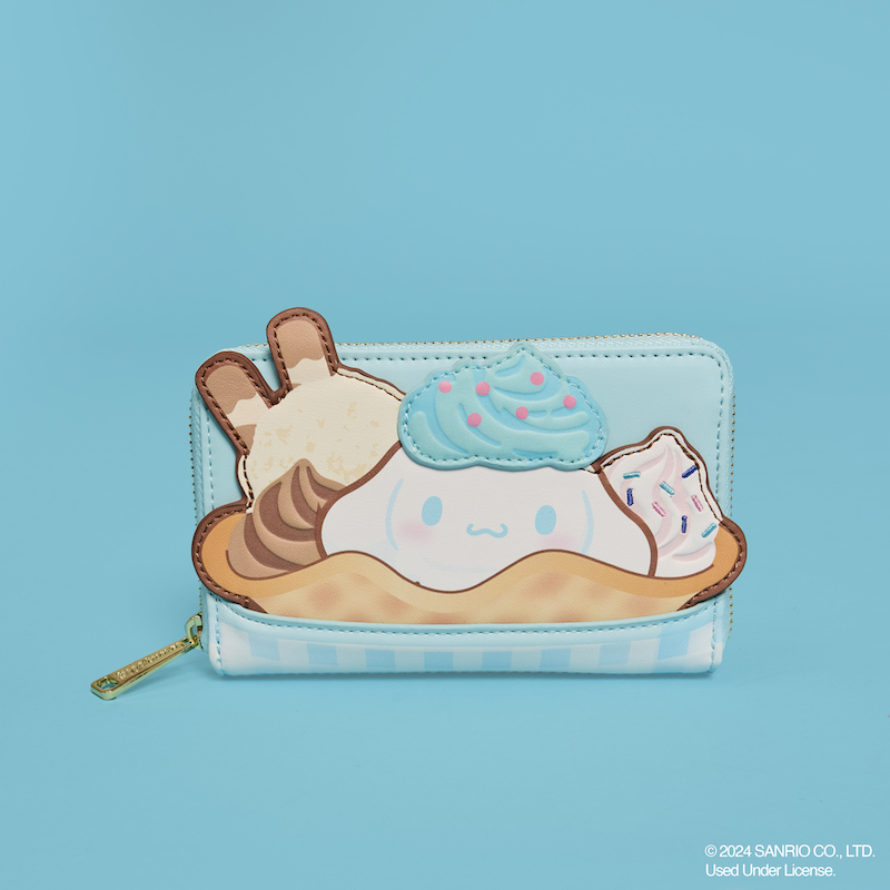 Zip around wallet featuring Cinnamoroll in an ice cream sundae on the front. The wallet sits against a light blue background. 