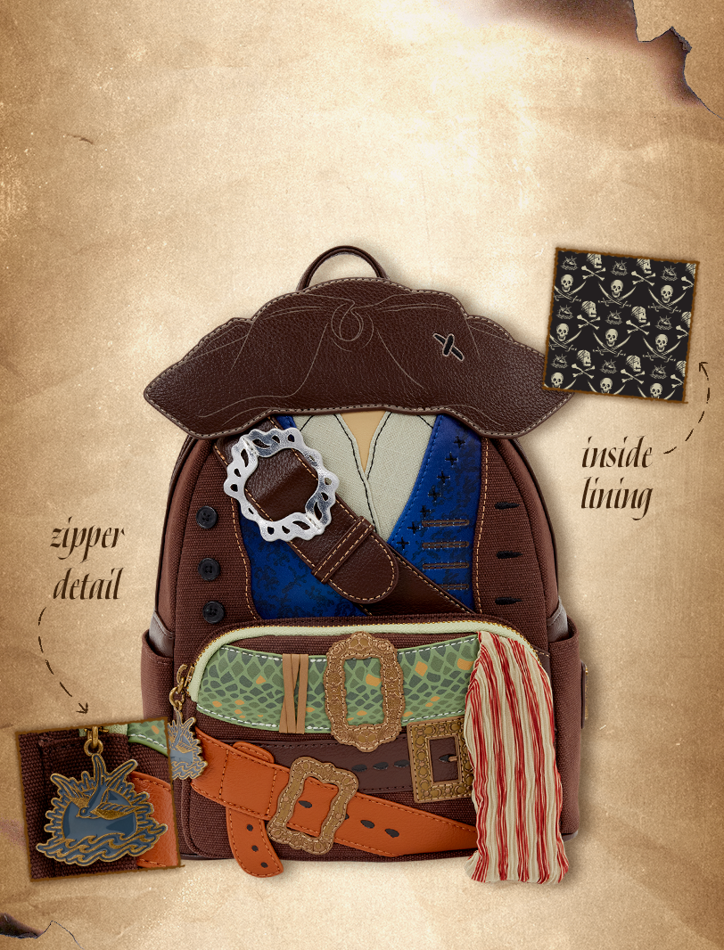 Treasure map background featuring Loungefly Disney Pirates of the Caribbean mini backpack