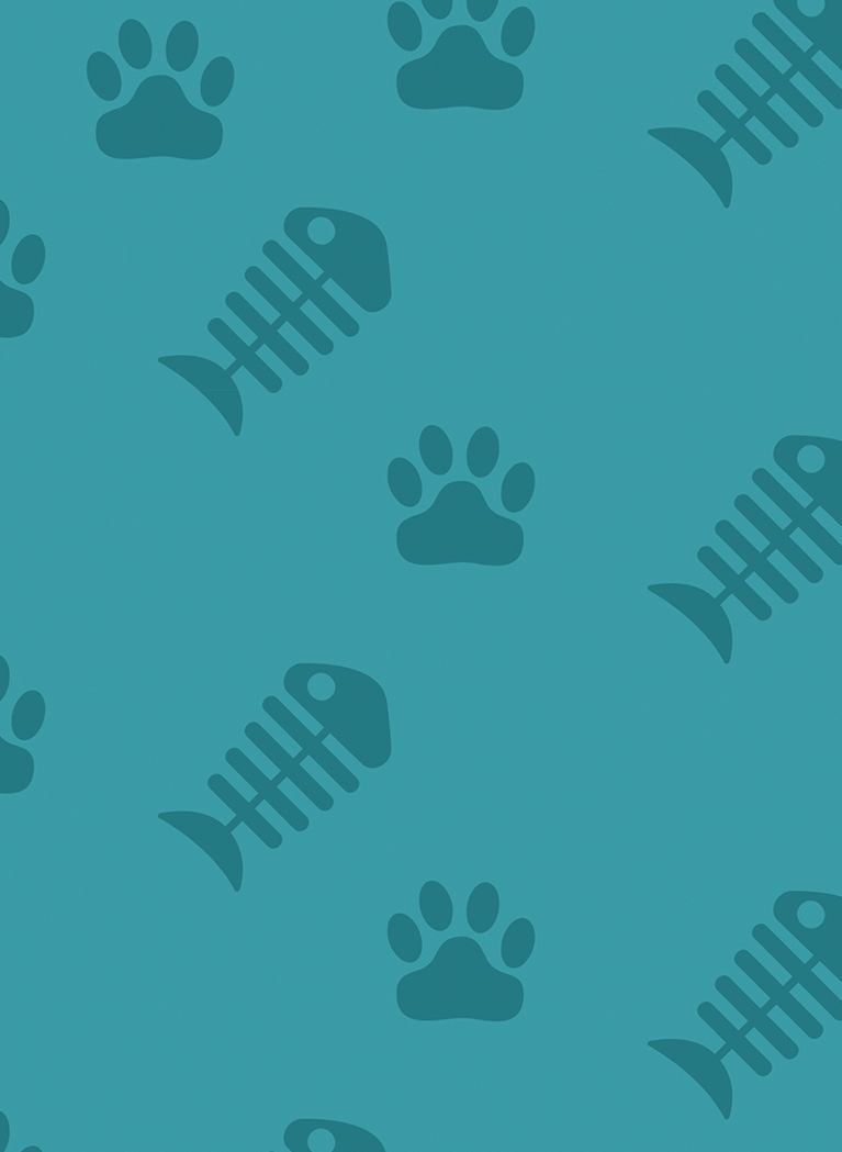Teal background with paw print and fish bones pattern
