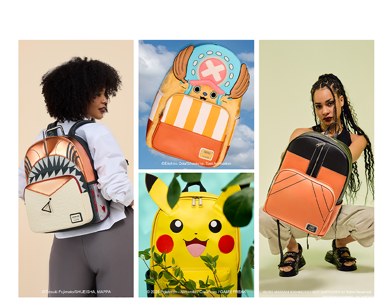 Collage of Loungefly July Anime Full-Sized backpacks featuring styles inspired by Chainsaw Man, One Piece, Naruto, and Pokemon