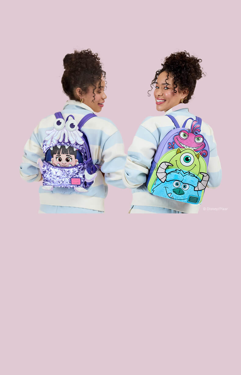 Light Purple background with model showcasing Loungefly May Pixar Monsters Inc. collection