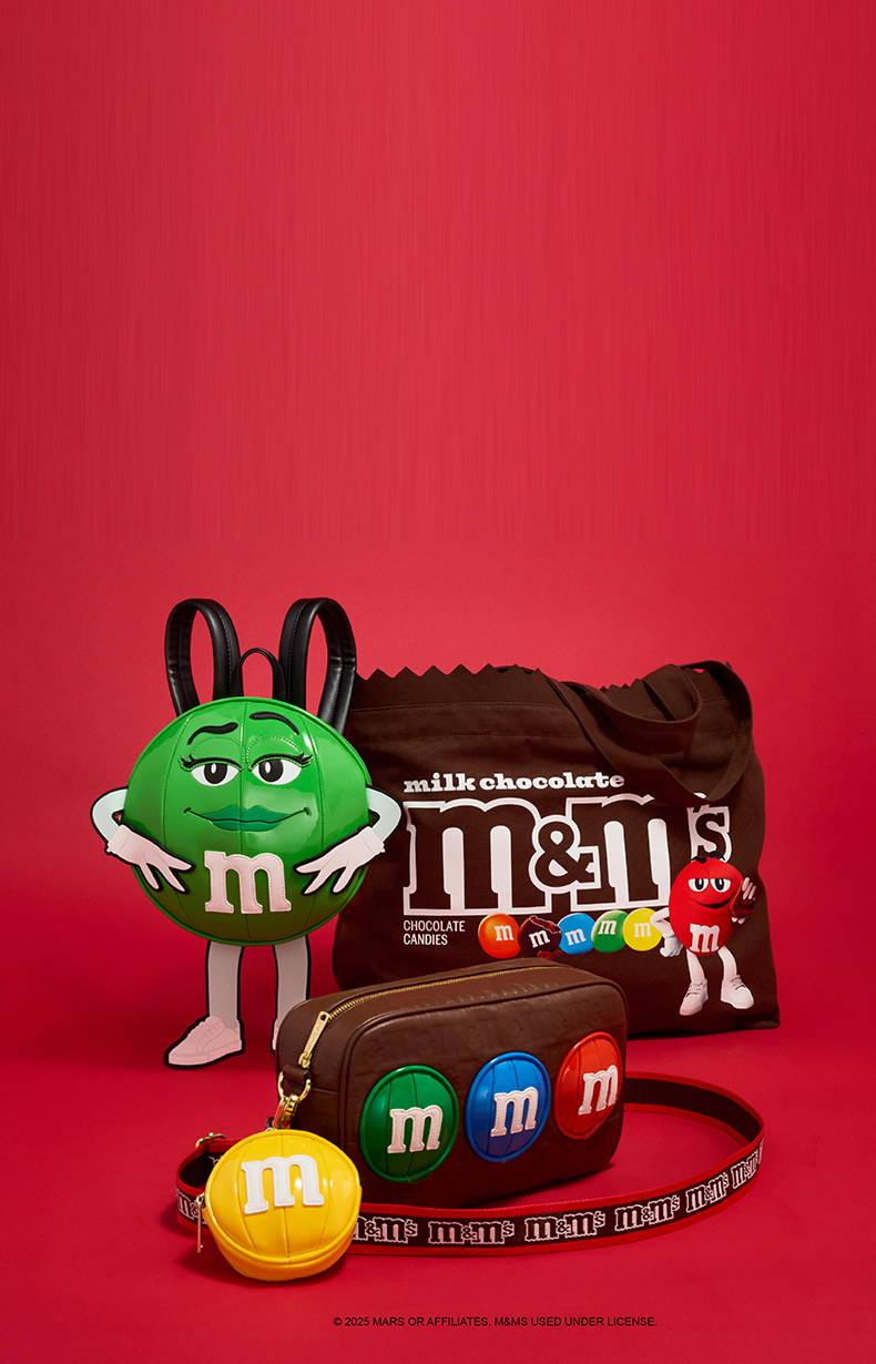 Red product background featuring Loungefly M&M's collection