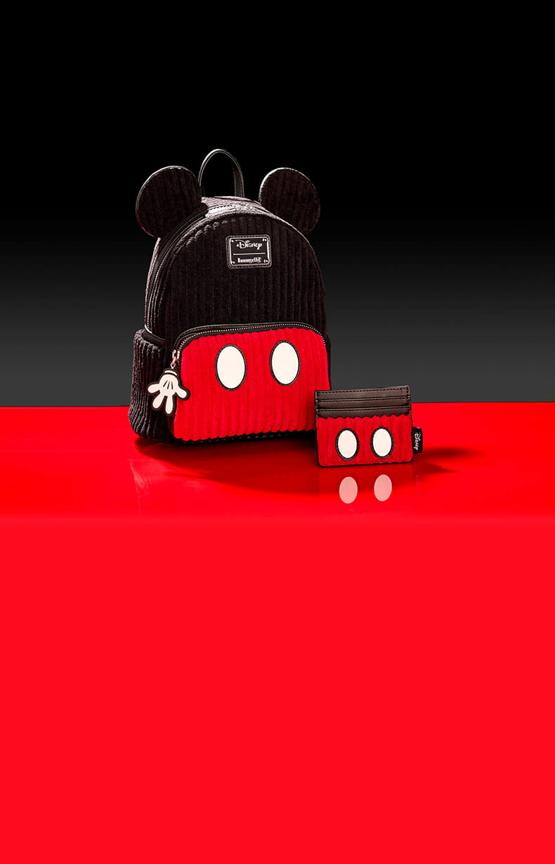 Black background with Red surface featuring Loungefly February Disney Mickey Corduroy exclusive collection