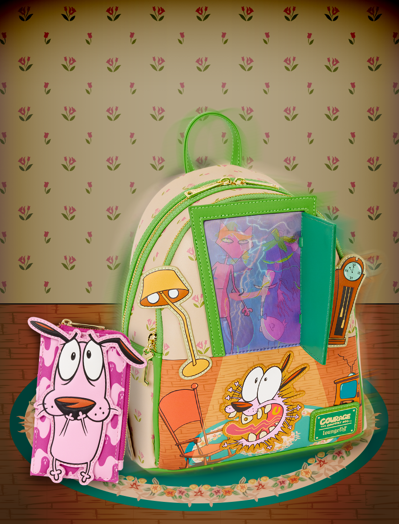 Vintage floral wallpaper with wooden floor background featuring Loungefly Courage the Cowardly Dog collection